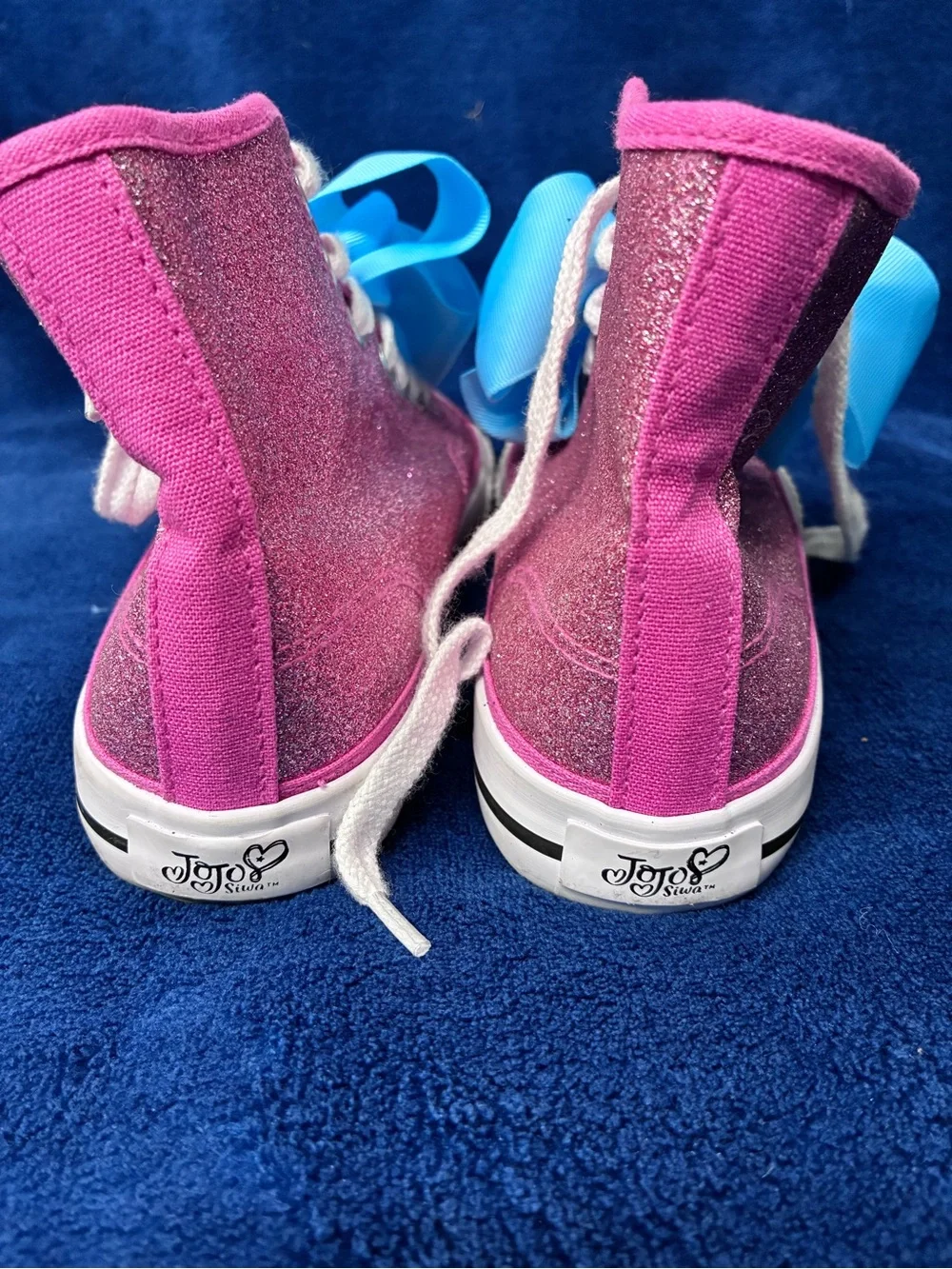 Girls Glitter Pink Lace-Up Sneakers with Blue Bow Accent